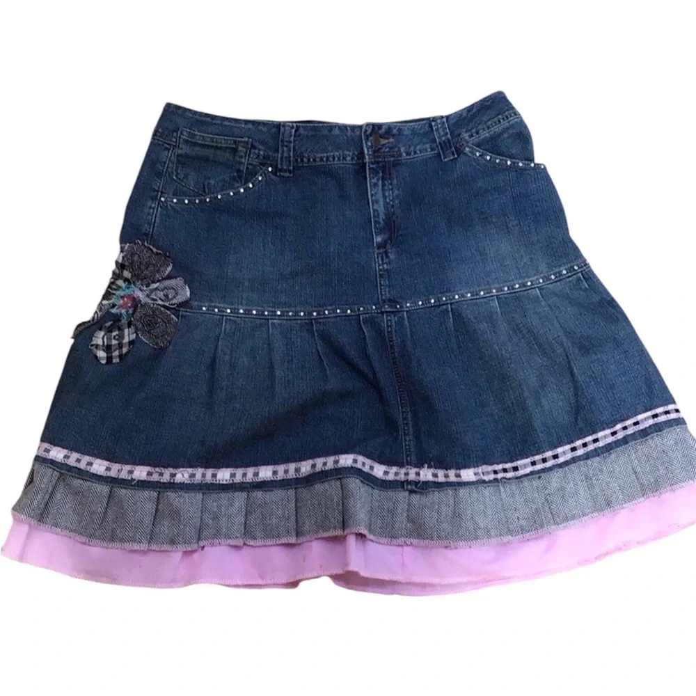 Y2K Rhinestone Bling Plaid Flower Ruffled Blue‎ Jean Denim Pleat Twee Mini Skirt